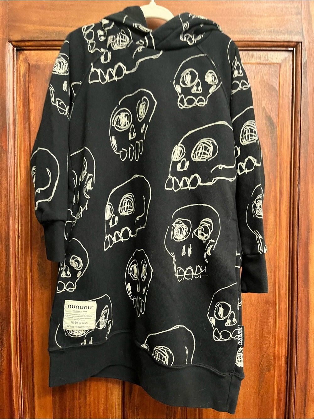 nununu Black Hoodie Dress with White Skull Sketches